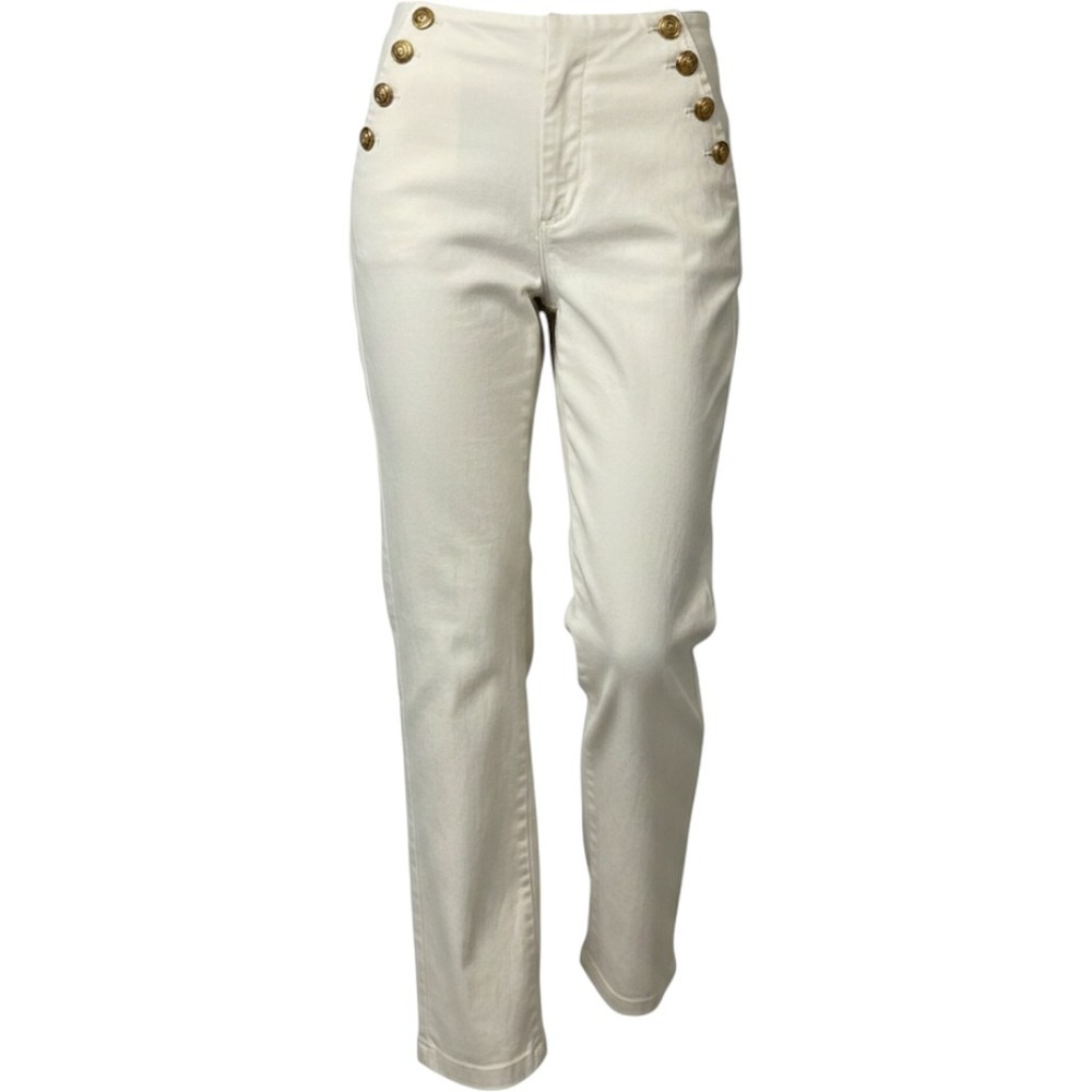 Calzedonia White High Waist Sailor Denim Pants Gold Shell Buttons Slim Fit M